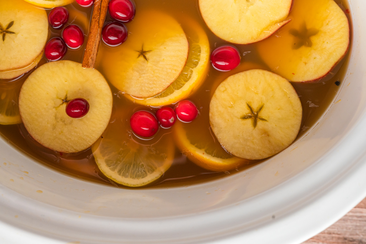 close-up of slow cooker apple cider.