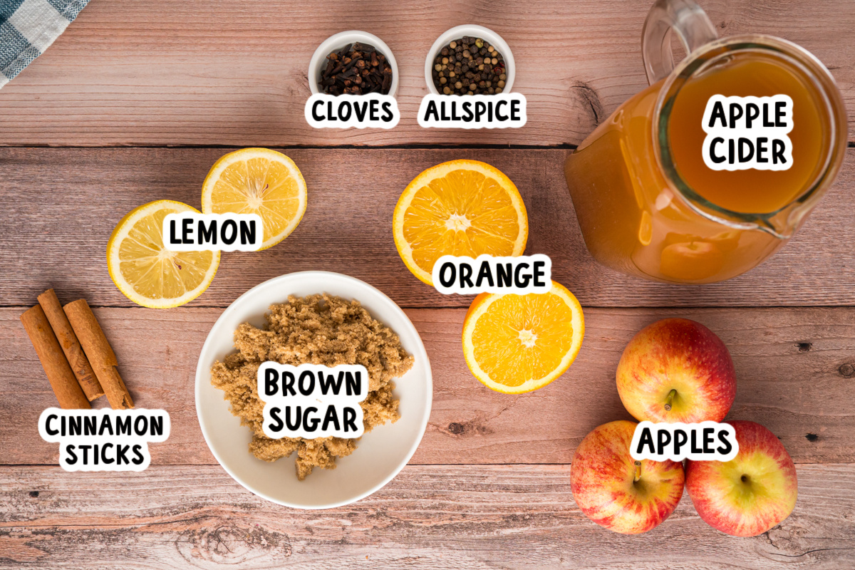 ingredients for slow cooker apple cider on a table.