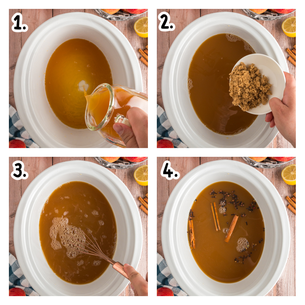 four images showing how to make apple cider in a slow cooker.