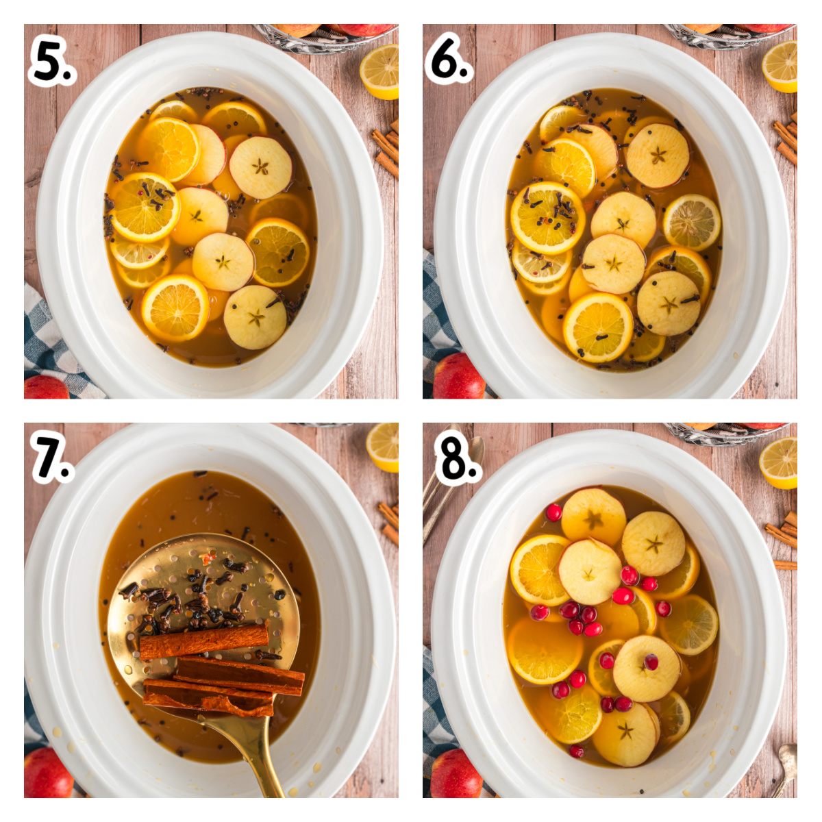 four images showing how to make crockpot apple cider.