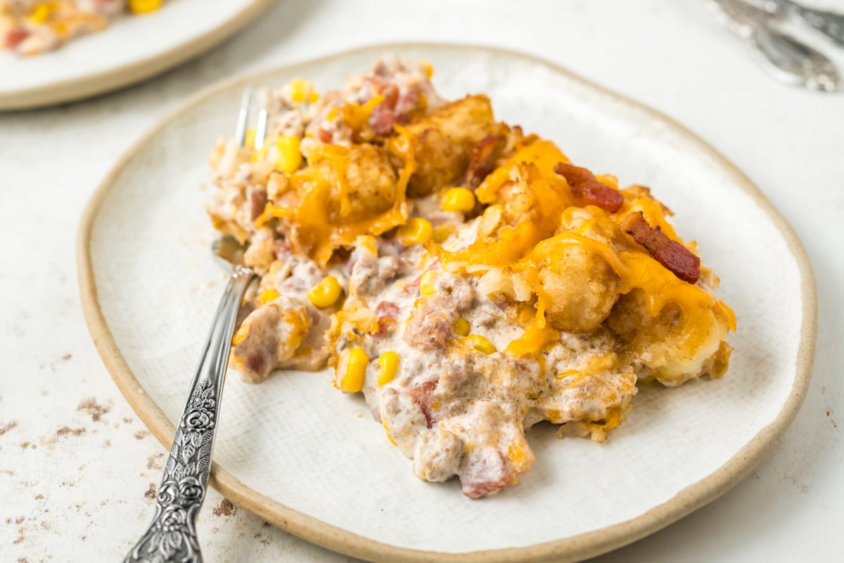 plate of bacon cheeseburger tater tot casserole.