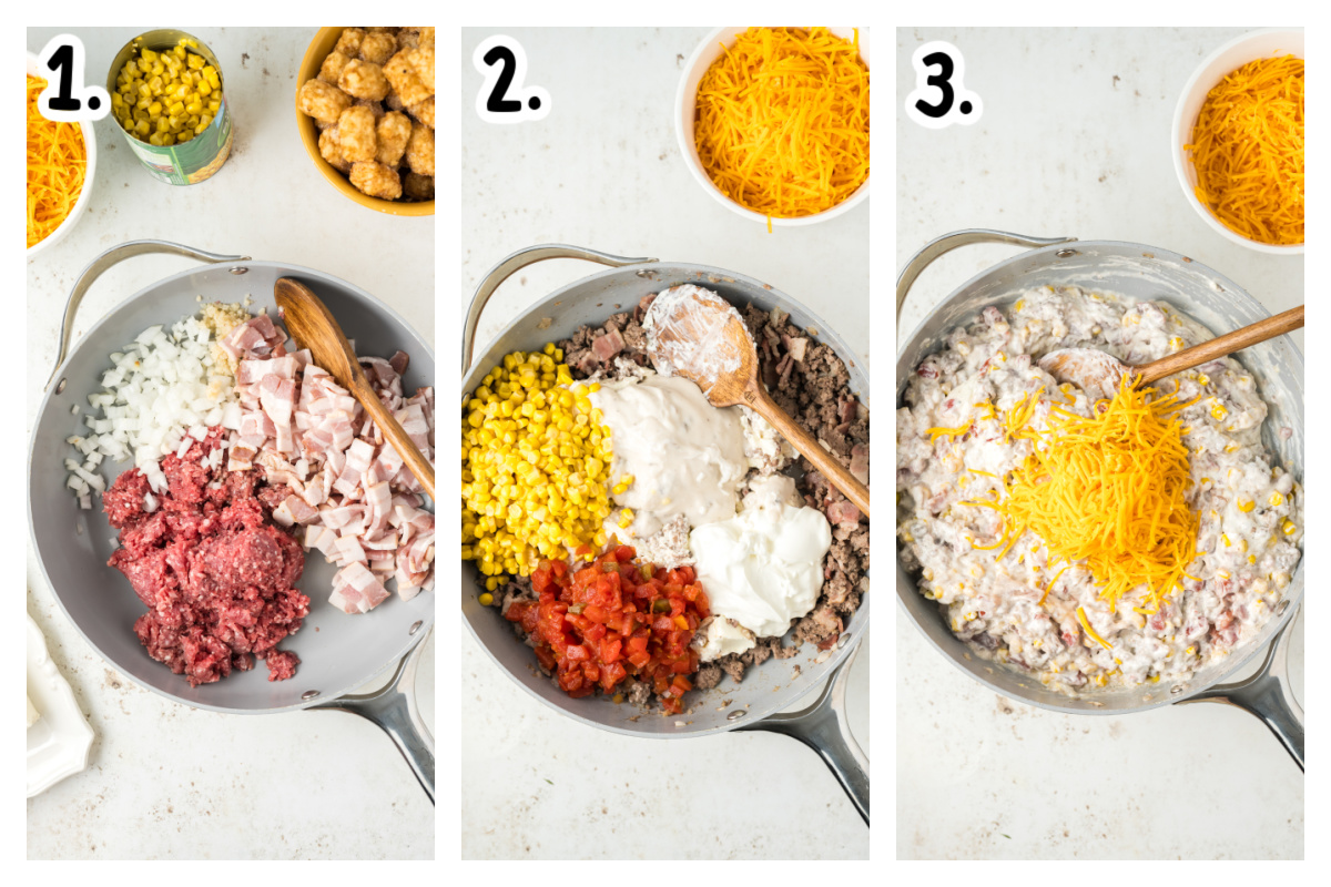 three images shpwing how to ground meat and bacon, and add cheese, corn, rotel and cream of mushroom to pan.