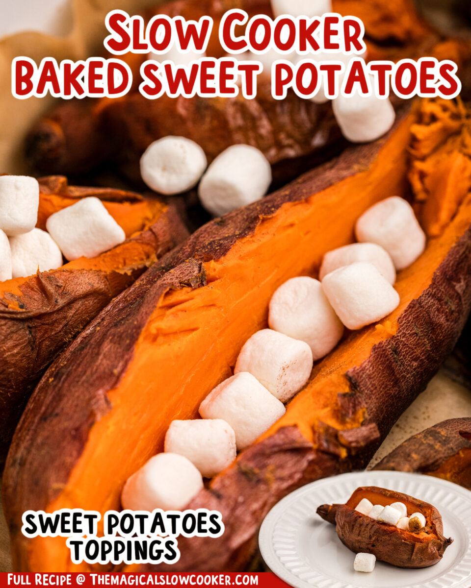 two images of slow cooker baked sweet potatoes with text list of ingredients.