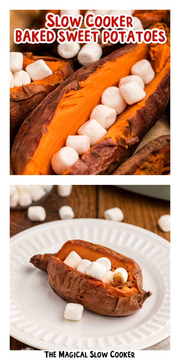 two images of slow cooker baked sweet potatoes with text overlay.