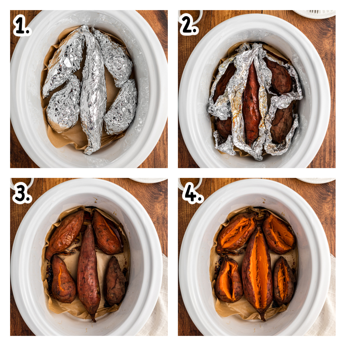 four images showing how to make slow cooker baked sweet potatoes.