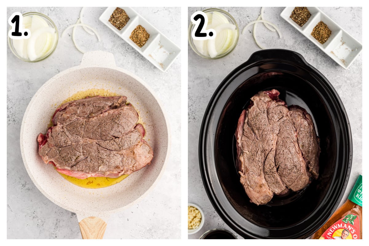 two images showing how to make slow cooker balsamic beef.