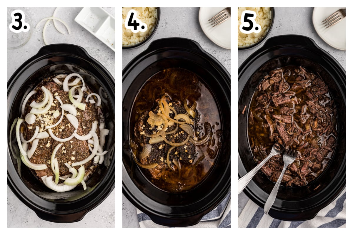 three images showing how to make balsamic beef in a slow cooker.