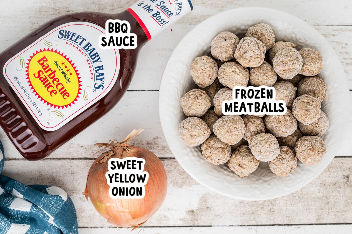 ingredients for slow cooker bbq meatballs recipe on a table.