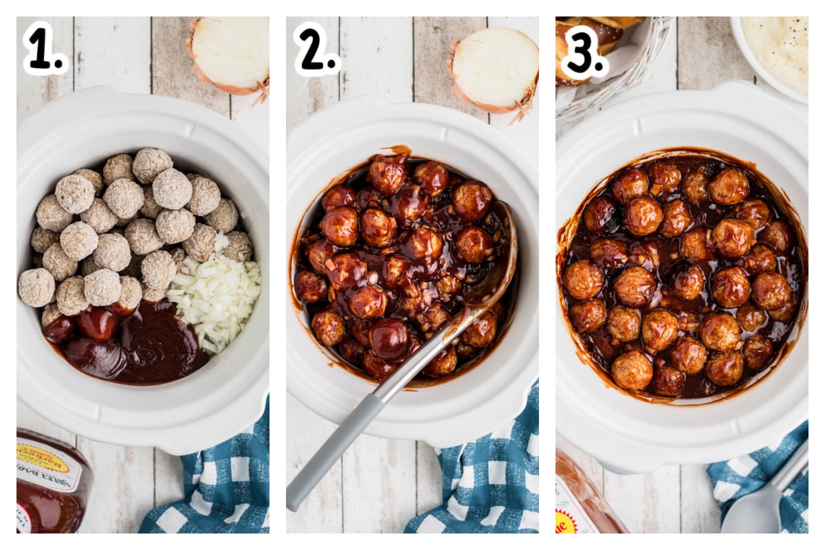 three images showing how to make slow cooker bbq meatballs.