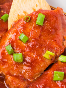 close-up of slow cooker bbq pork chops.