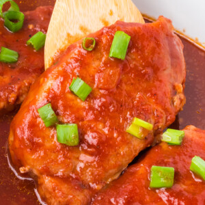 close-up of slow cooker bbq pork chops.