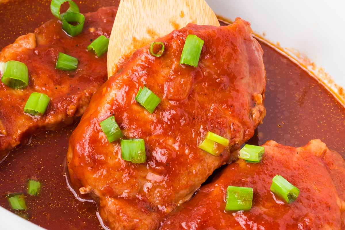 close-up of slow cooker bbq pork chops.