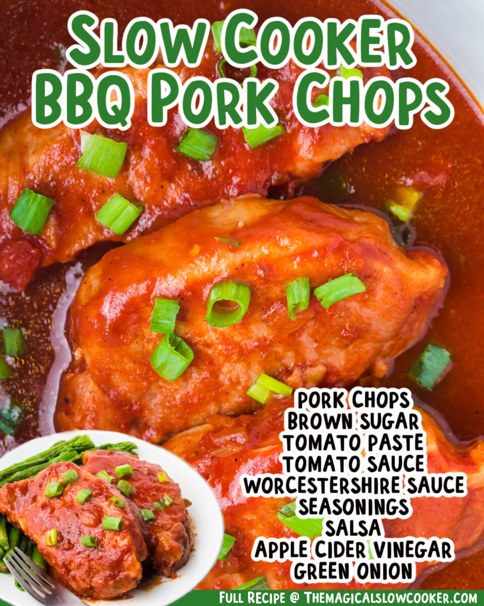two images of slow cooker bbq pork chops with text list of ingredients.