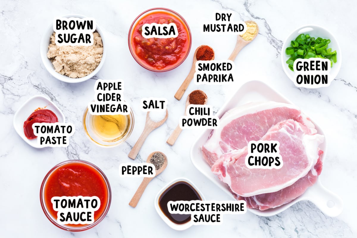 ingredients for slow cooker bbq pork chops on a table.