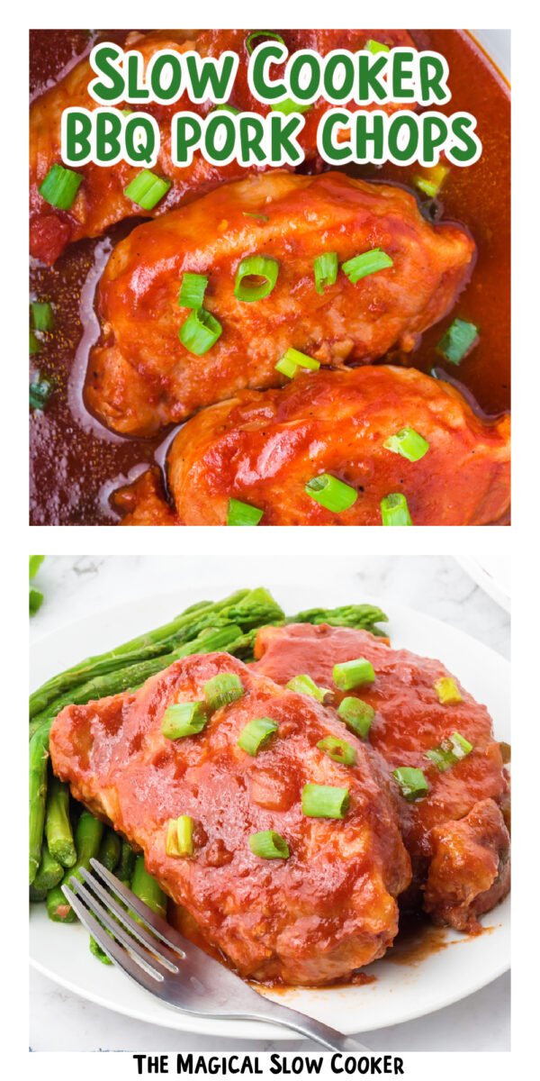 two images of slow cooker bbq pork chops with text overlay.