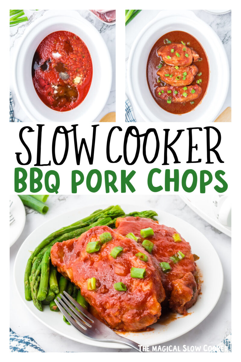 two images of slow cooker bbq pork chops for pinterest.