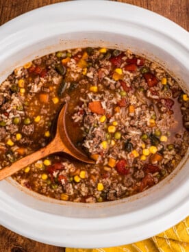 overhead shot of slow cooker busy day soup.