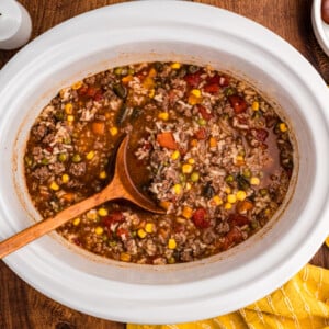 overhead shot of slow cooker busy day soup.
