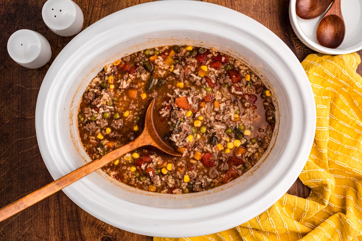 overhead shot of slow cooker busy day soup.