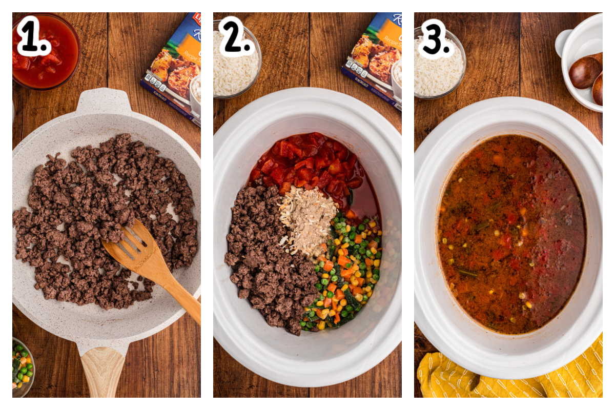 three images showing how to make slow cooker busy day soup.