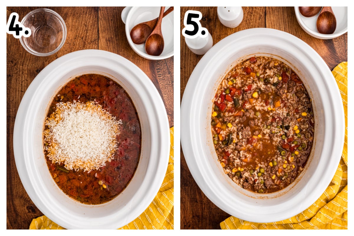 two images showing how to make slow cooker busy day soup.