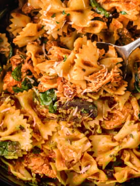 overhead shot of chicken bacon pasta in a slow cooker.