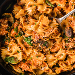 overhead shot of chicken bacon pasta in a slow cooker.