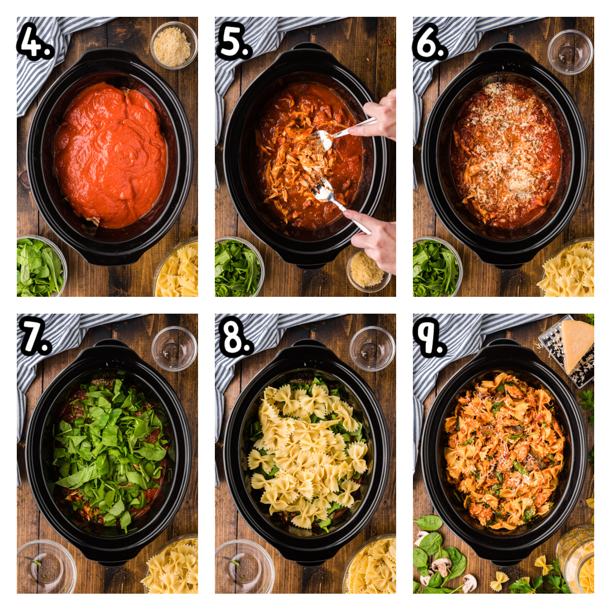 six images showing how to make slow cooker chicken bacon pasta.