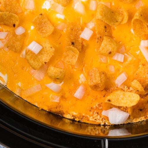 close-up of slow cooker chili cheese casserole.