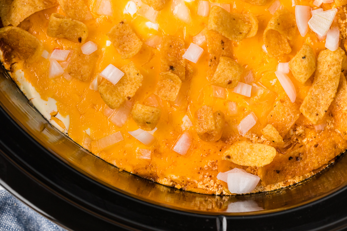 close-up of slow cooker chili cheese casserole.