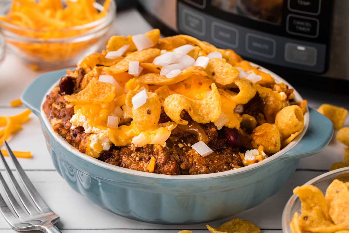 close-up of slow cooker chili cheese casserole in a bowl.