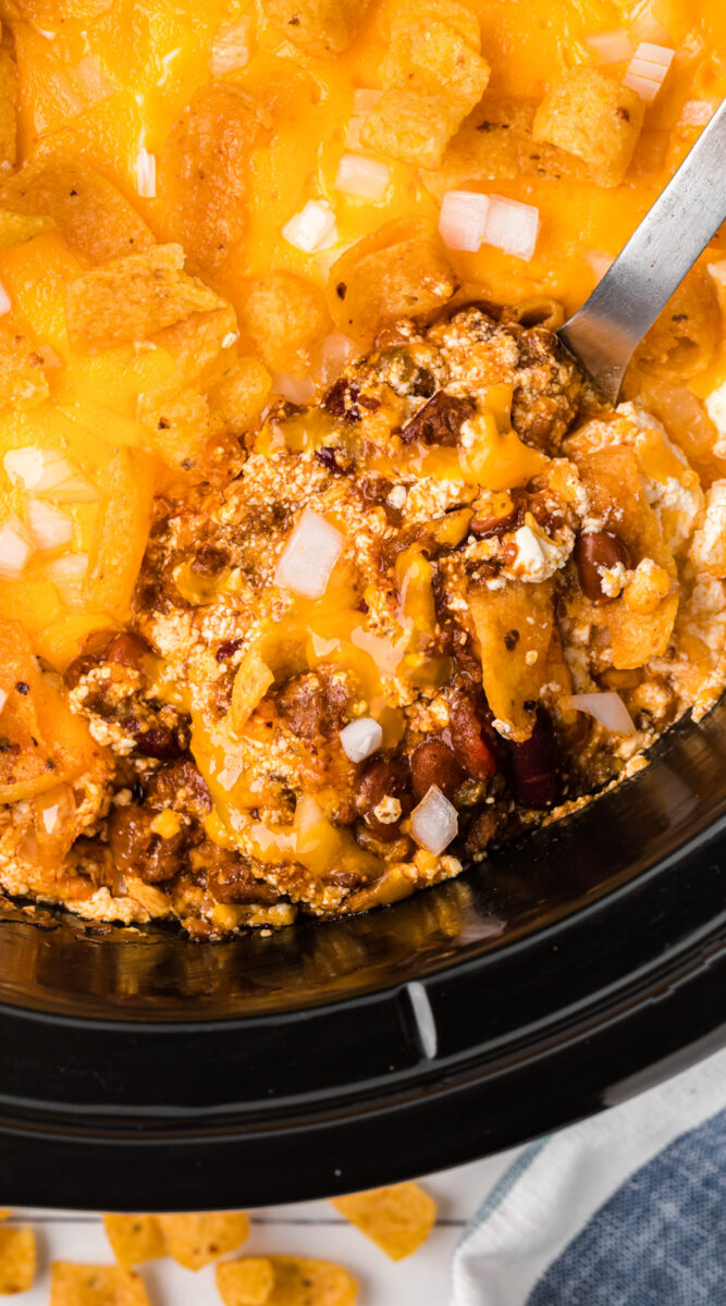 long image of slow cooker chili cheese casserole.