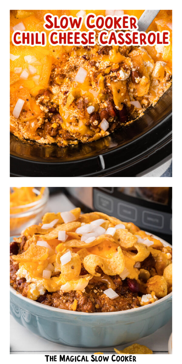 two images of slow cooker chili cheese casserole with text overlay.