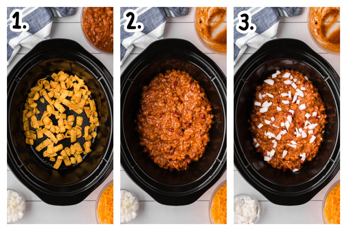 three images showing how to make chili cheese casserole in a slow cooker.