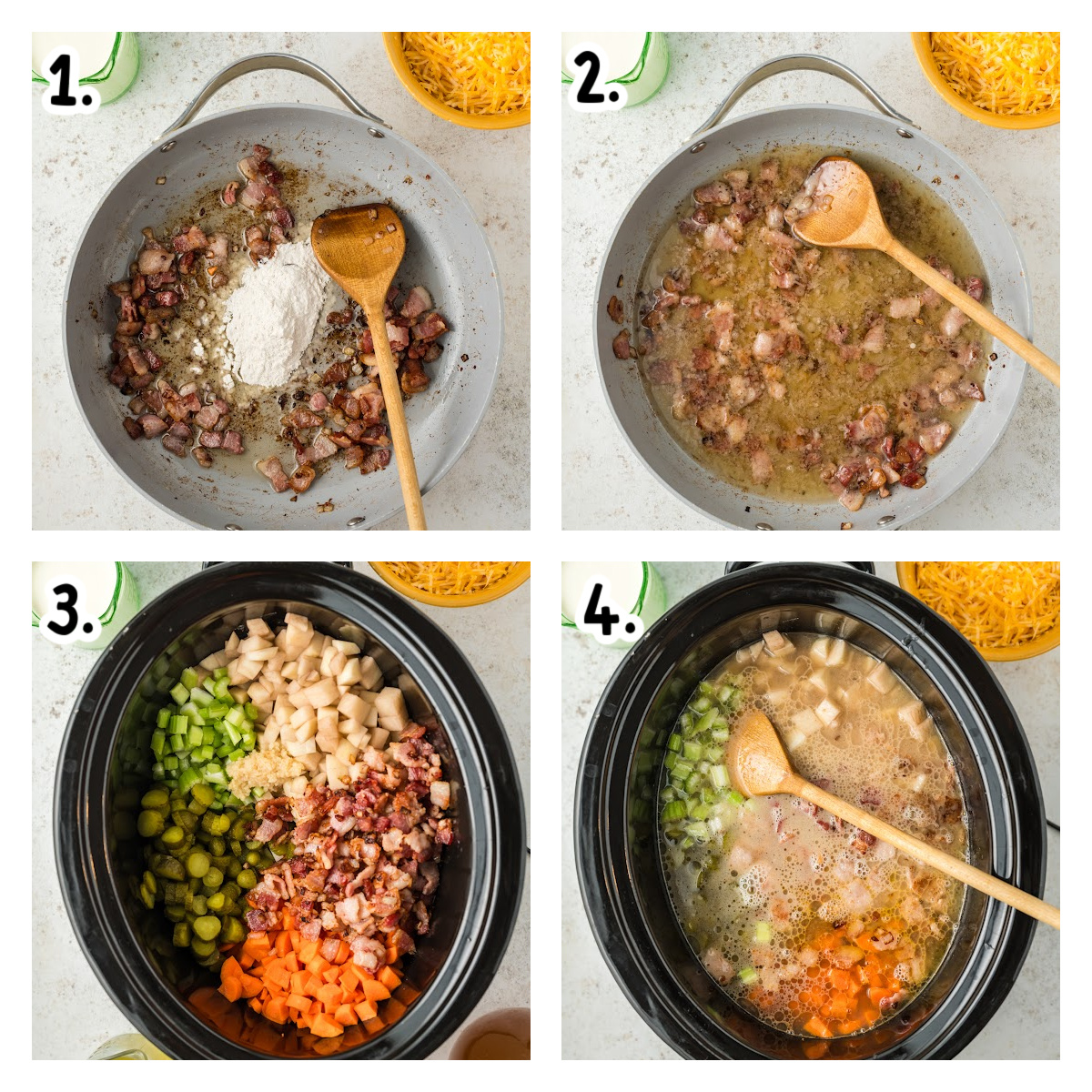 Four images showing how to make dill pickle soup in a slow cooker.