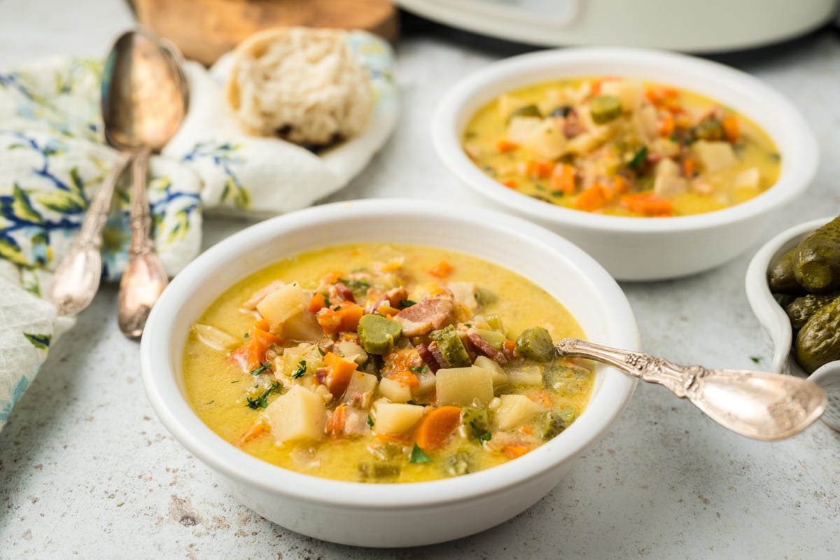 bowl of dill pickle soup.