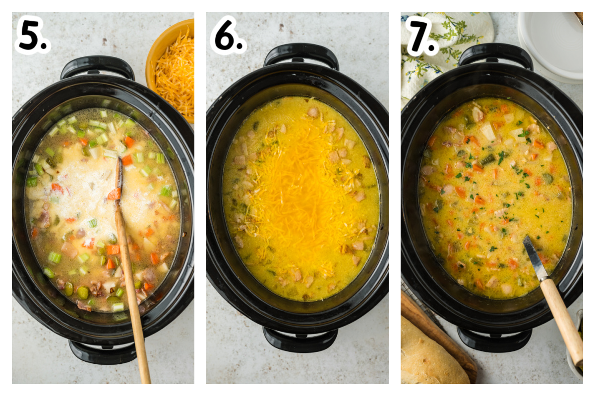 three images showing how to finsih dill pickle soup with cream and cheese.