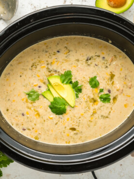 overhead of slow cooker green enchilada soup.