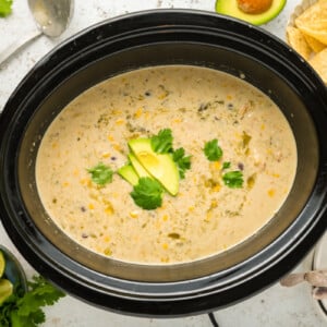 overhead of slow cooker green enchilada soup.