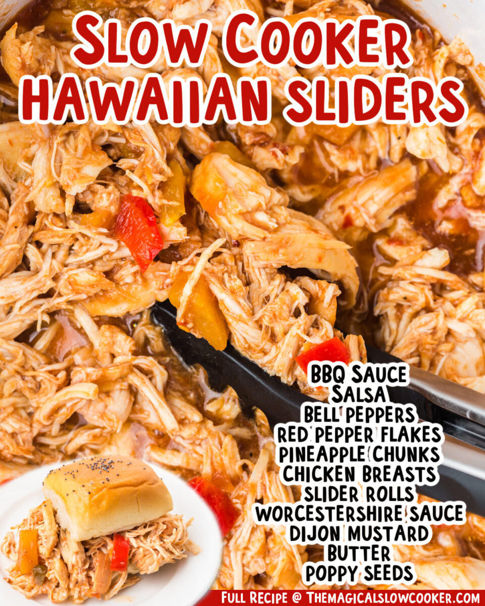 two images of slow cooker hawaiian sliders with text list of ingredients.