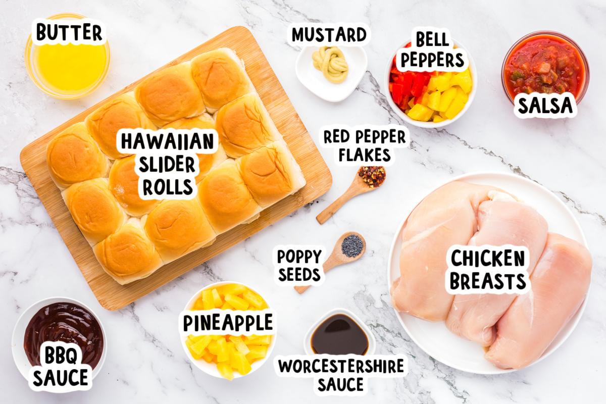 ingredients for slow cooker hawaiian sliders on a table.