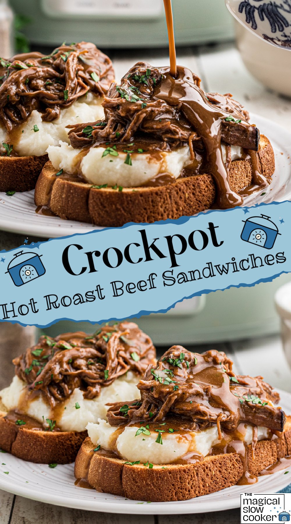 2 images of hot roast beef sandwiches.