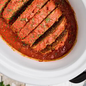 overhead of slow cooker Italian meatloaf.