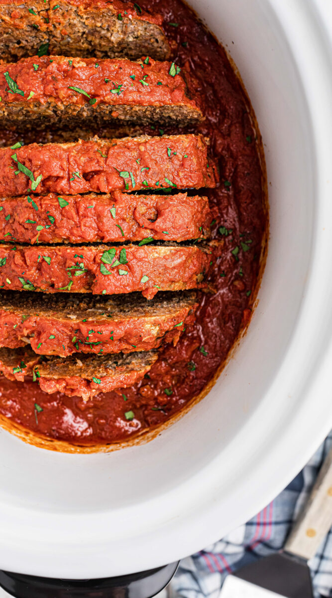 long image of slow cooker Italian meatloaf.