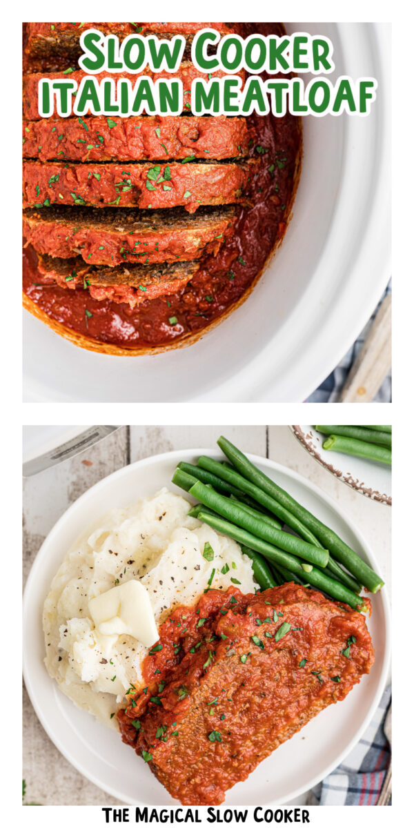two images of slow cooker Italian meatloaf with text overlay.