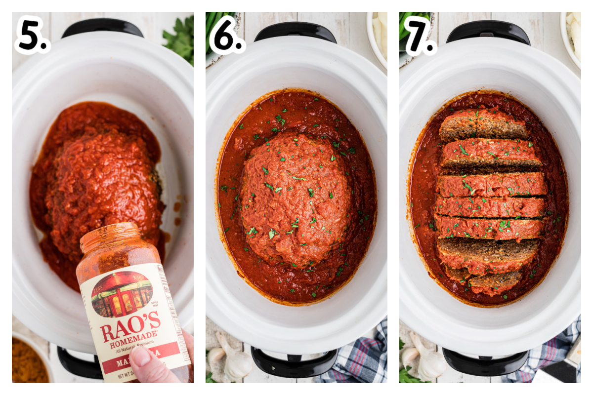 three images showing how to make Italian meatloaf in a slow cooker.