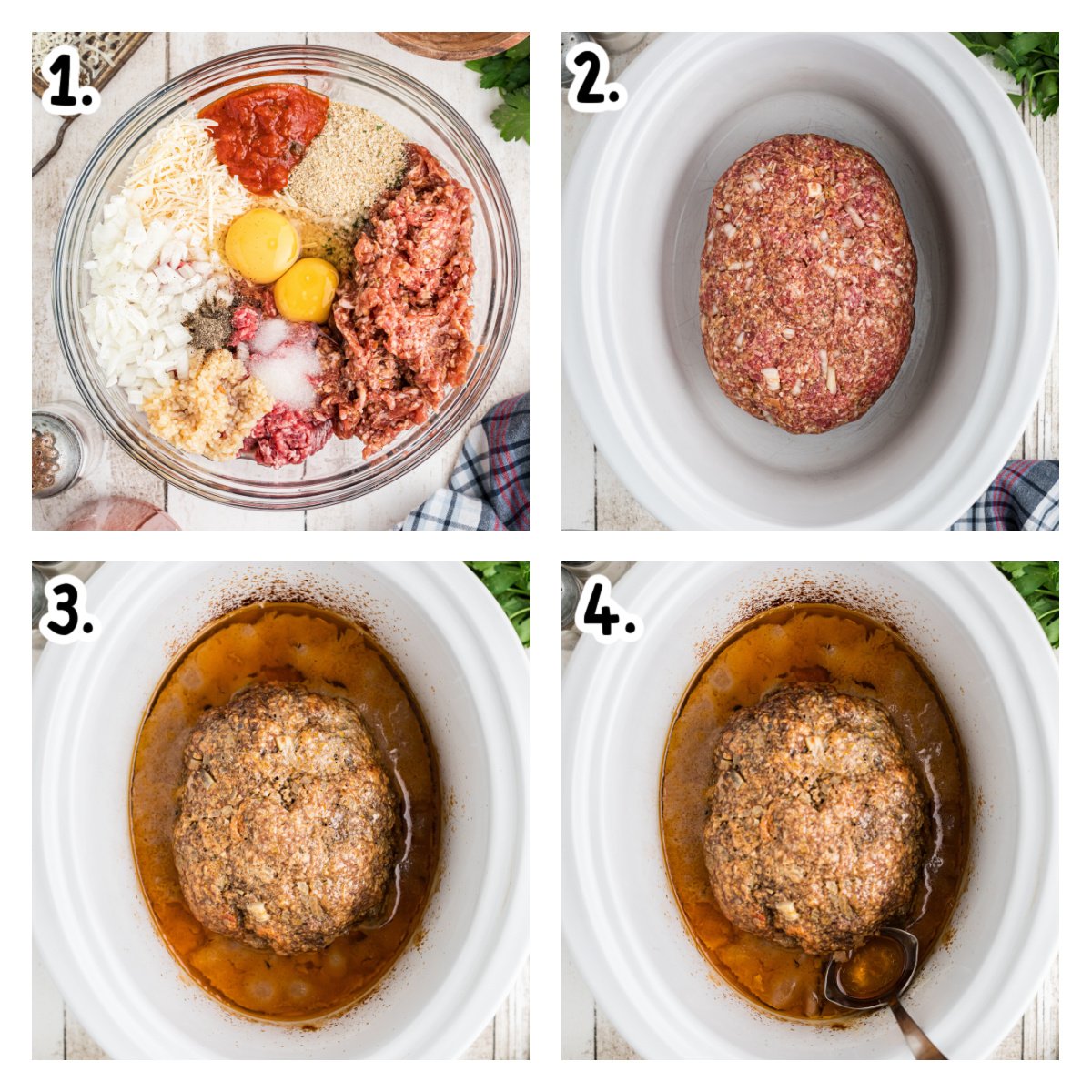 four images showing how to make Italian meatloaf in a slow cooker.