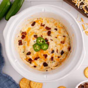 overhead of slow cooker jalapeno popper dip.