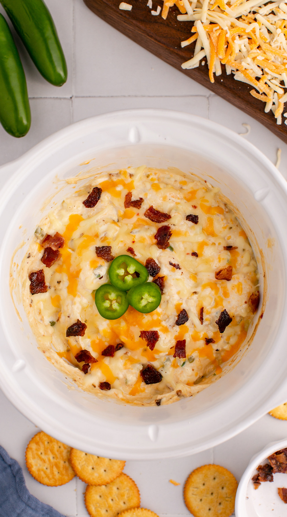 long image of slow cooker jalapeno popper dip.