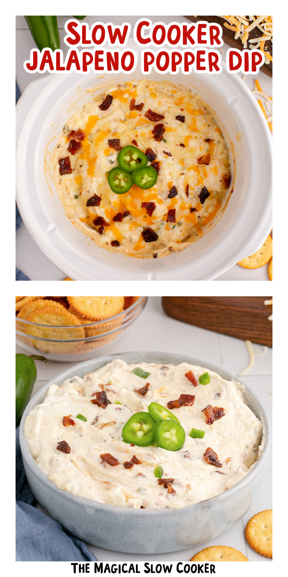 two images of slow cooker jalapeno popper dip with text overlay.